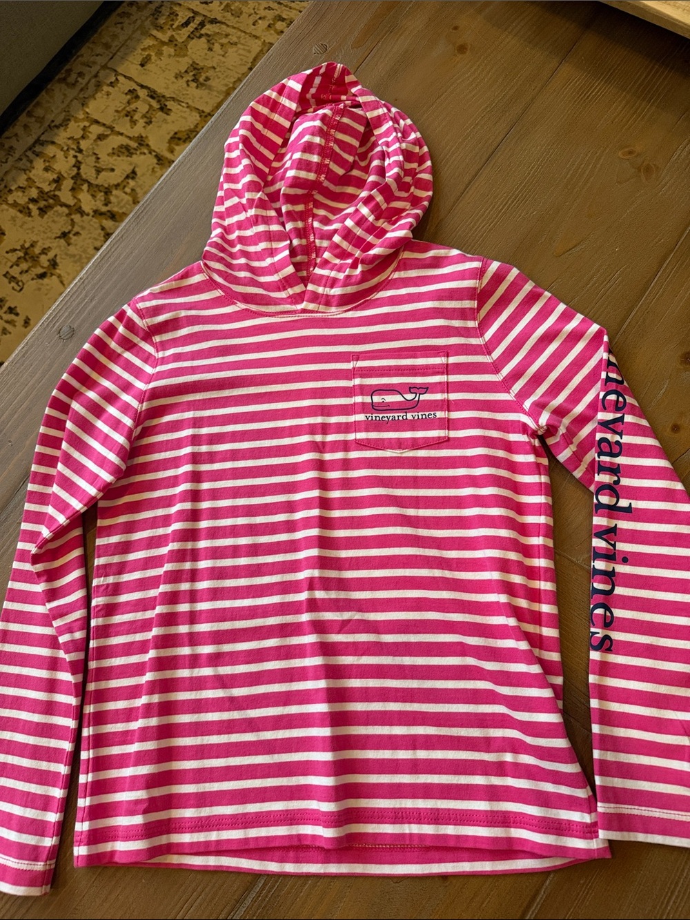 Vineyard Vines Girls' Hot Pink and White Striped Hooded Swim Rashguard